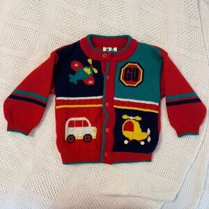 Creaciones Fiorella Vintage Kids Transportation Colorblock Knit Cardigan Red 3T